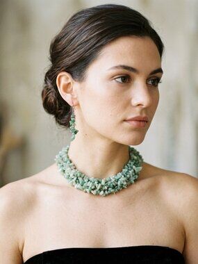 VINTAGE Handmade Aventurine Multi-Layer Toggle Choker & Earring Set Green Stone
